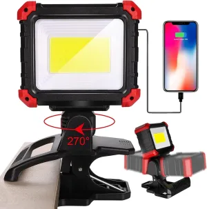 LED Rechargeable Work Light with Clamp, 2100LM COB Magnetic Clip on Worklight 270° Rotating with Mobile Charger, Portable Clamp Work Light for Boats, Car Repairing, Job Site Lighting
