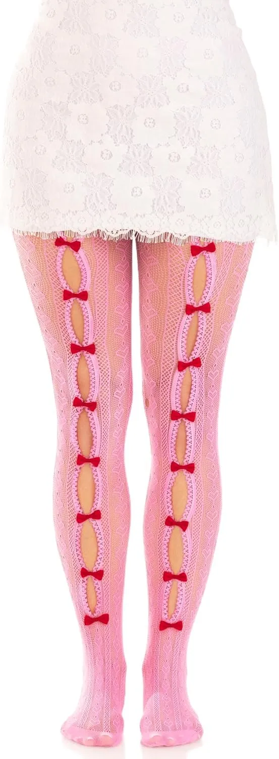Leg Avenue Womens Sweetheart Striped Net Tights With Keyhole and Mini Bow Detail