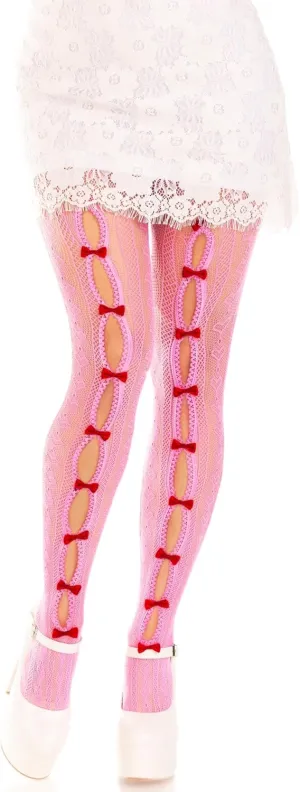 Leg Avenue Womens Sweetheart Striped Net Tights With Keyhole and Mini Bow Detail