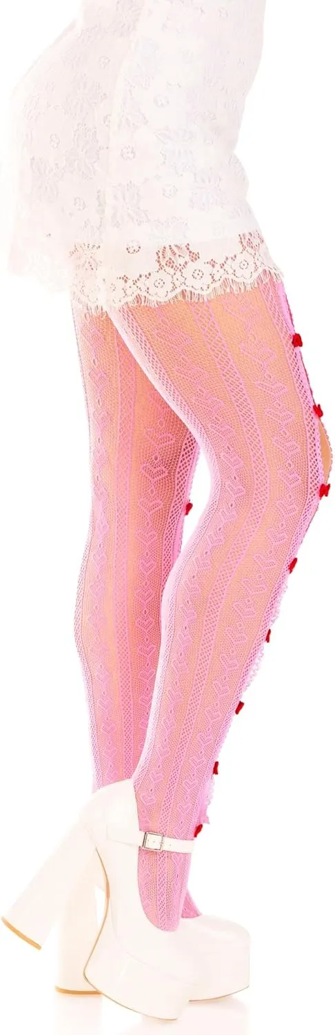 Leg Avenue Womens Sweetheart Striped Net Tights With Keyhole and Mini Bow Detail