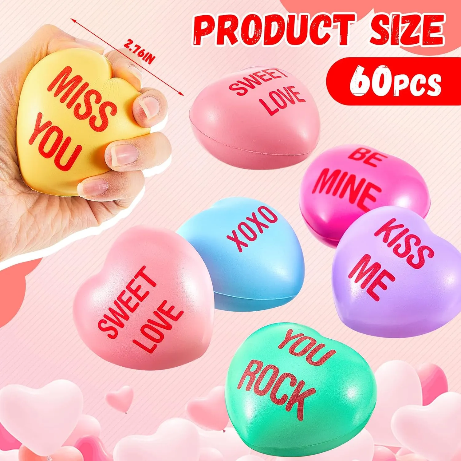 Libima 60 Pcs Valentine's Day Heart Stress Balls Bulk Relief Heart Shape Stress Ball Squeeze Mini Foam Balls, Valentines Day Gifts for Birthday Holiday Office Present Fillers, 6 Colors(2.76 inch)