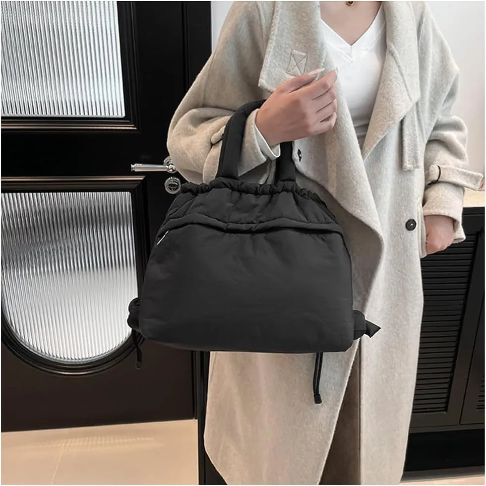 Lightweight Adjustable Cloud Backpack for Women, Multi-Way Carry Cotton Tote Bag with Magnetic Closure,Stylish Daypack (Black)