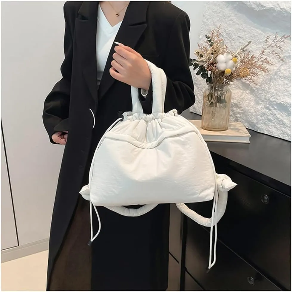 Lightweight Adjustable Cloud Backpack for Women, Multi-Way Carry Cotton Tote Bag with Magnetic Closure,Stylish Daypack (White)