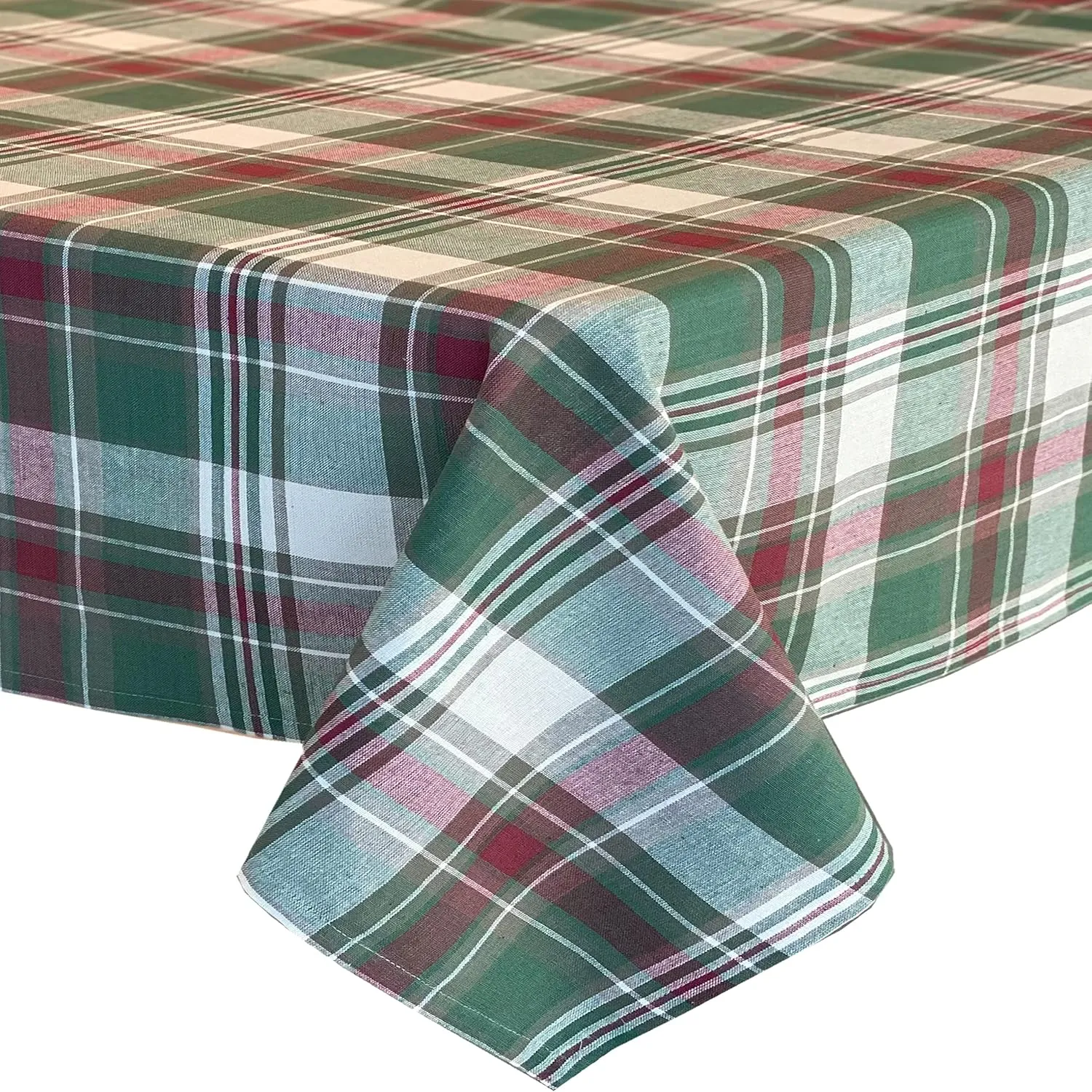Lintex Christmas Cottage Plaid Cotton Weave Christmas Fabric Tablecloth, Country Rustic Holiday Tartan Plaid Easy Care Tablecloth, 52" x 52" Square