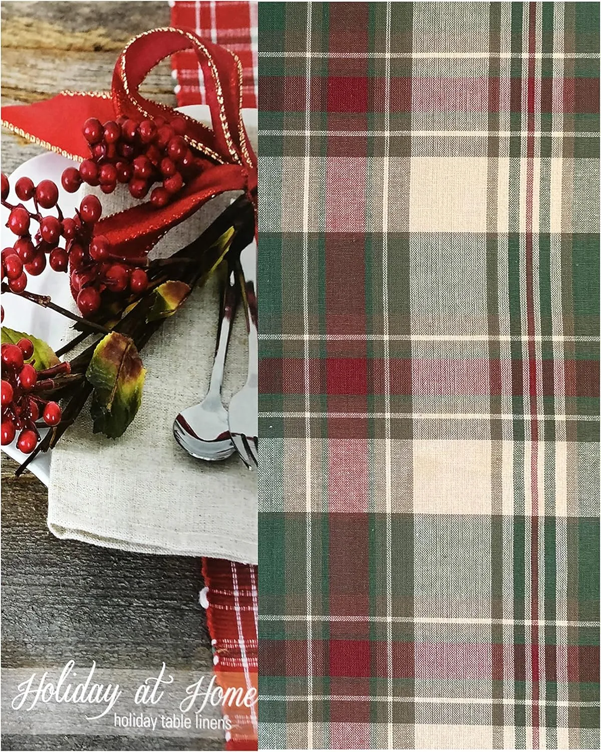 Lintex Christmas Cottage Plaid Cotton Weave Christmas Fabric Tablecloth, Country Rustic Holiday Tartan Plaid Easy Care Tablecloth, 52" x 52" Square