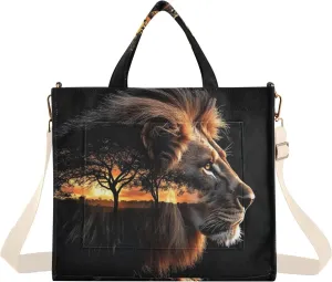 Lion Grassland Black Corduroy Tote Bag for Women Large Shoulder Bag with Pockets for Beach Work Travel Shopping S