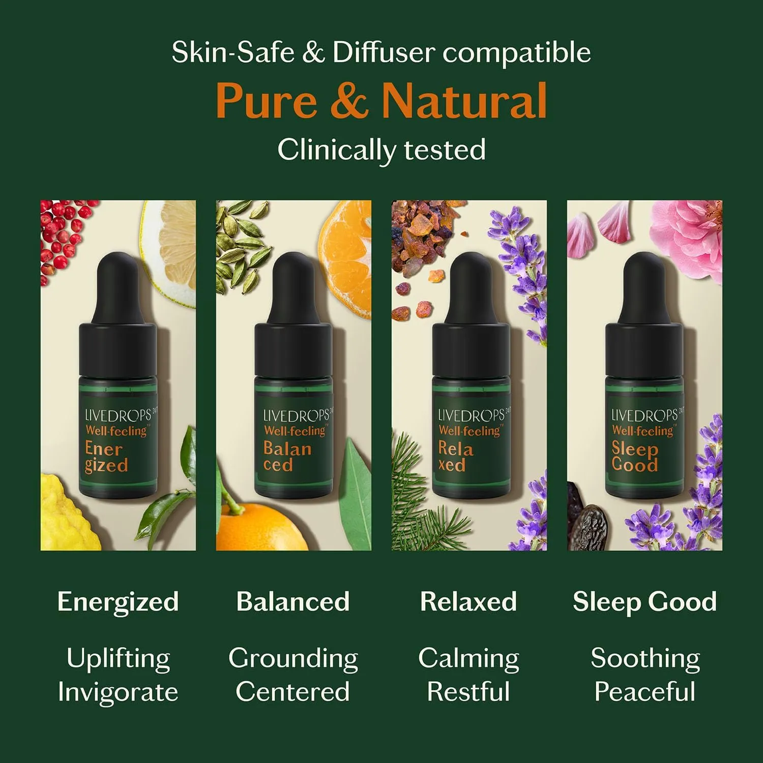 LIVEDROPS 24/7 Essential Oil Gift Set 4 mini Aromatherapy Blends for Energy, Sleep, Relax Natural Oils for Diffuser or Skin Crafted in France by Perfumers Wellness Gift