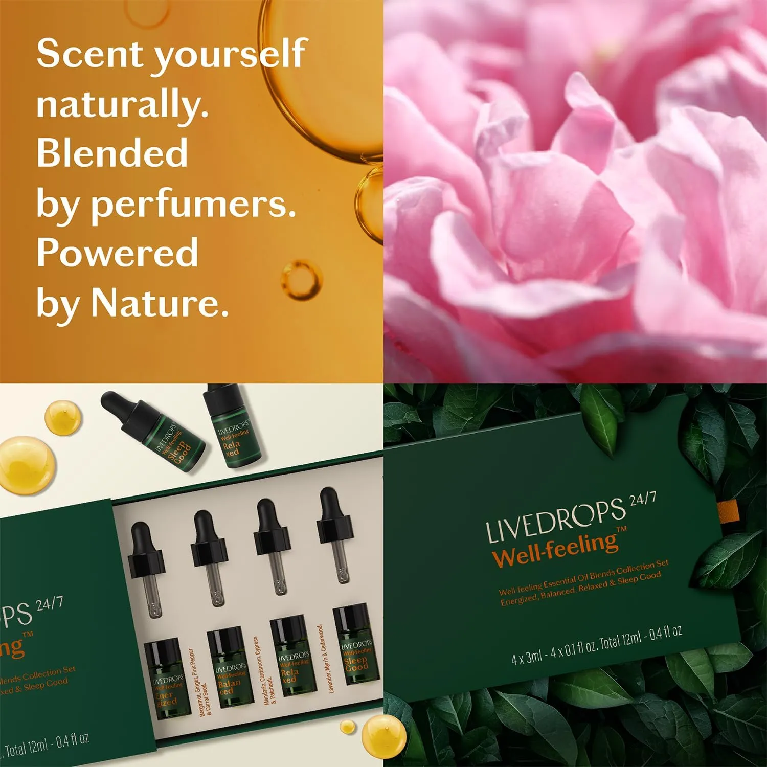 LIVEDROPS 24/7 Essential Oil Gift Set 4 mini Aromatherapy Blends for Energy, Sleep, Relax Natural Oils for Diffuser or Skin Crafted in France by Perfumers Wellness Gift
