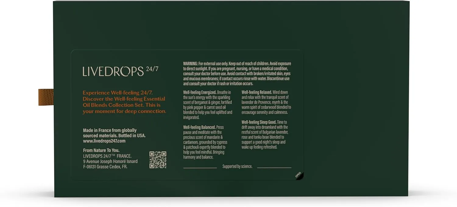 LIVEDROPS 24/7 Essential Oil Gift Set 4 mini Aromatherapy Blends for Energy, Sleep, Relax Natural Oils for Diffuser or Skin Crafted in France by Perfumers Wellness Gift