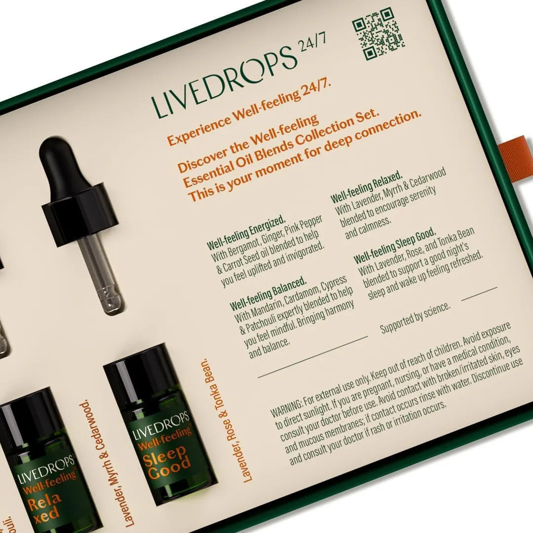 LIVEDROPS 24/7 Essential Oil Gift Set 4 mini Aromatherapy Blends for Energy, Sleep, Relax Natural Oils for Diffuser or Skin Crafted in France by Perfumers Wellness Gift