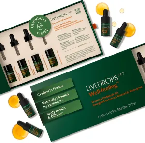 LIVEDROPS 24/7 Essential Oil Gift Set 4 mini Aromatherapy Blends for Energy, Sleep, Relax Natural Oils for Diffuser or Skin Crafted in France by Perfumers Wellness Gift