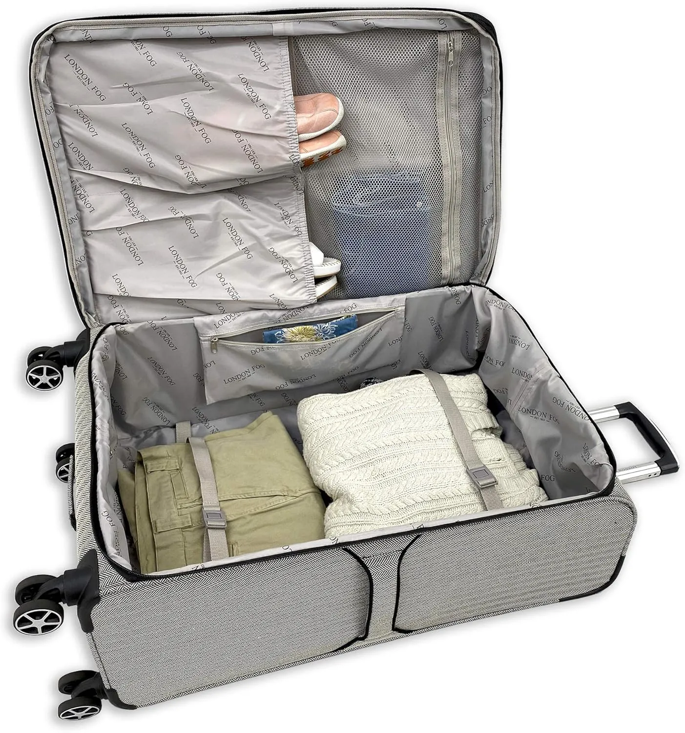 LONDON FOG Newcastle Softside Expandable Spinner Luggage, Black White Herringbone, Checked-Medium 24-Inch