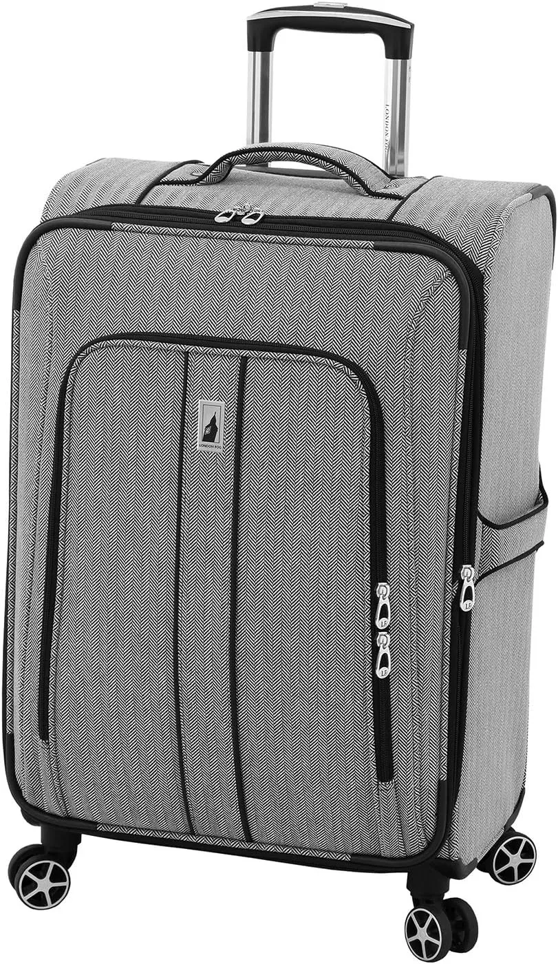 LONDON FOG Newcastle Softside Expandable Spinner Luggage, Black White Herringbone, Checked-Medium 24-Inch