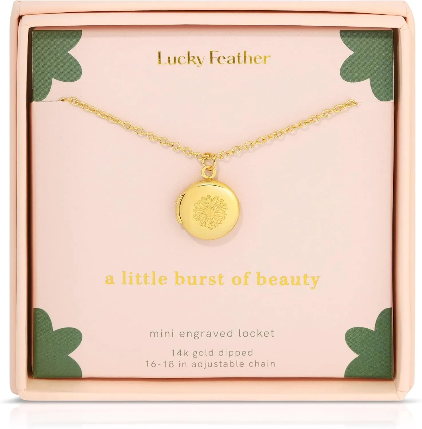 Lucky Feather Photo Locket Necklace - 14K Gold Plated Small Round Picture Locket for Women - Heart, Butterfly, Moon Engraving on 16-18" Adjustable Chain - Ideal Gifts for Women and Teenagers