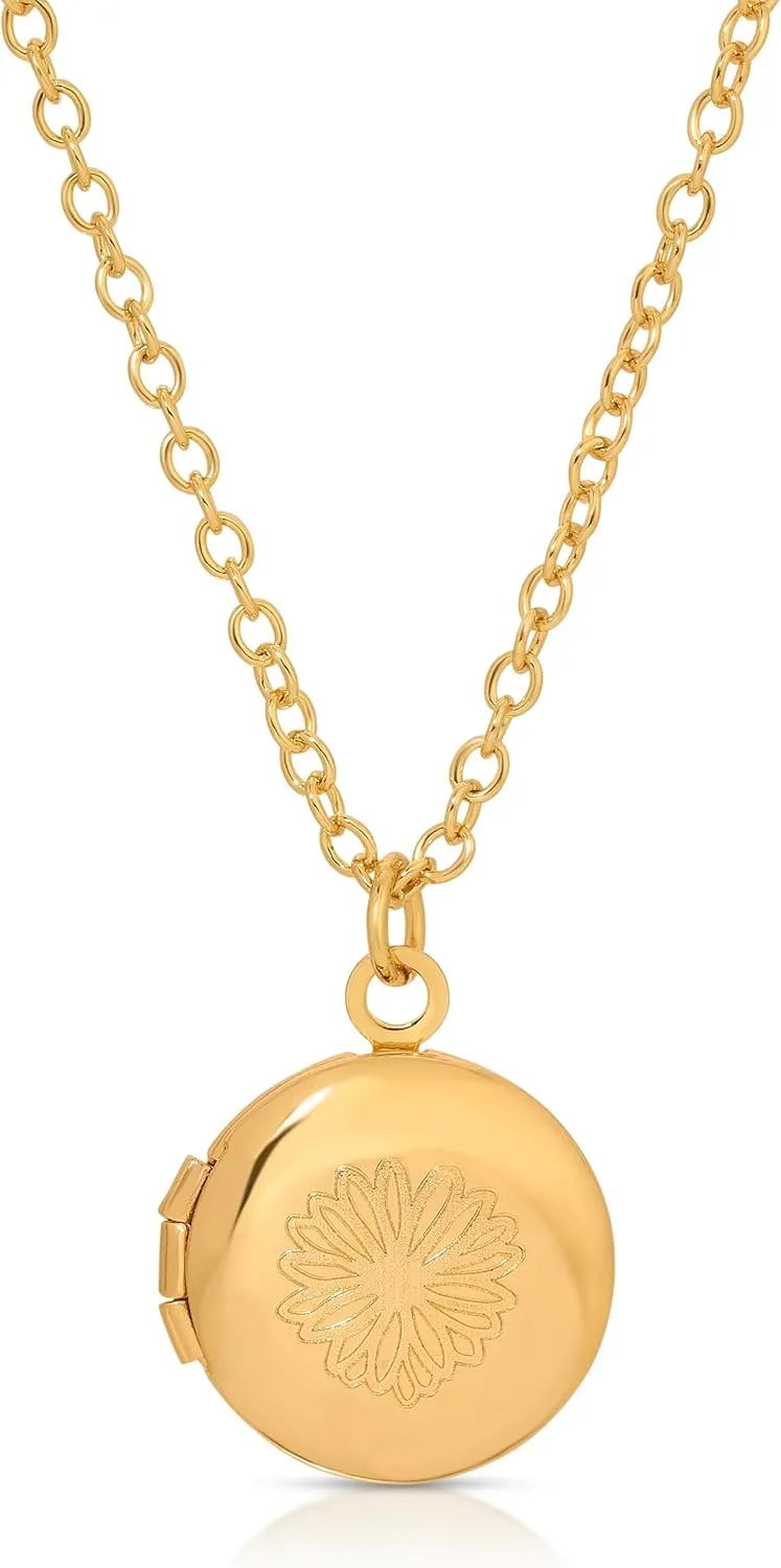 Lucky Feather Photo Locket Necklace - 14K Gold Plated Small Round Picture Locket for Women - Heart, Butterfly, Moon Engraving on 16-18" Adjustable Chain - Ideal Gifts for Women and Teenagers
