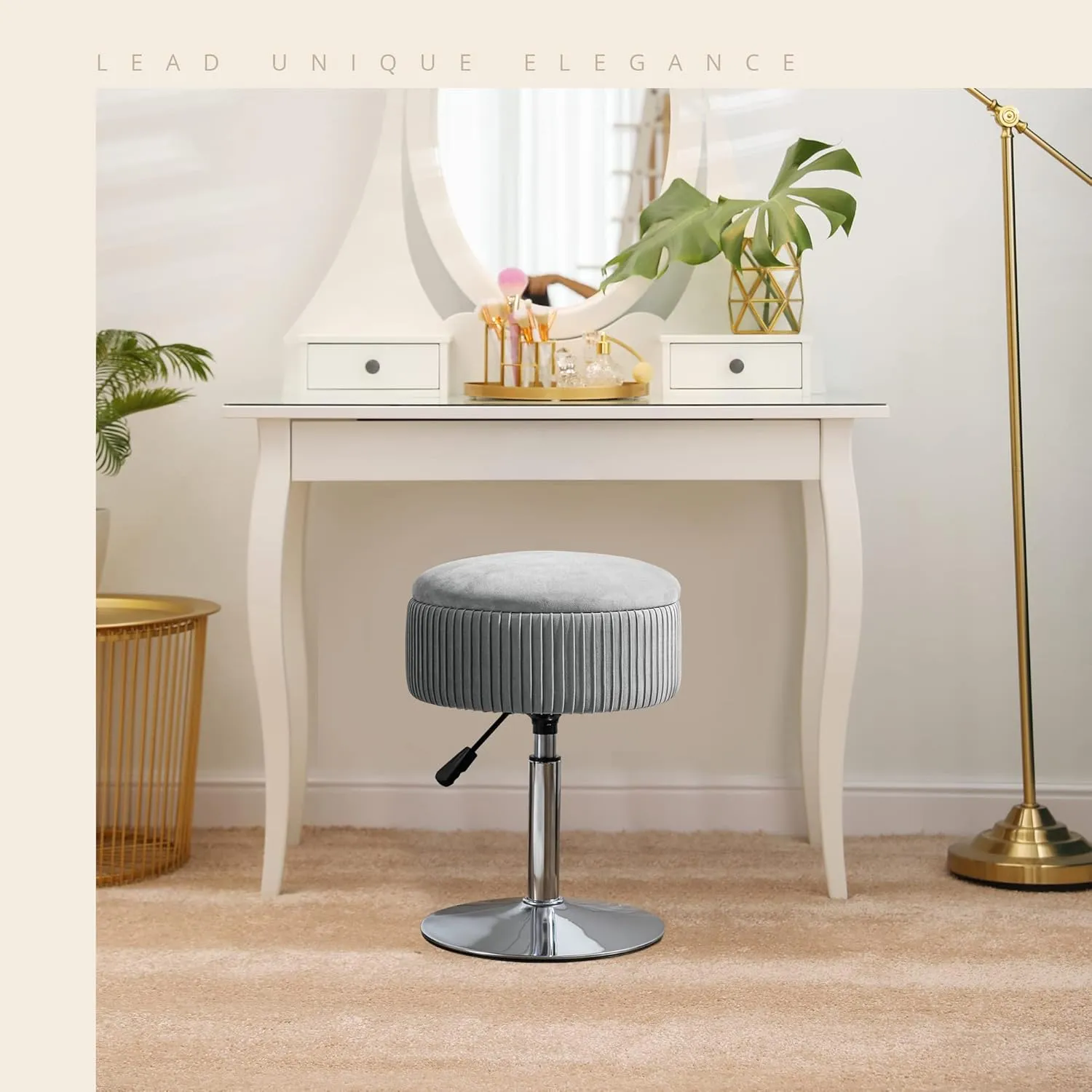 LUE BONA 360°Swivel Vanity Stool Chair for Makeup Room, Height Adjustable Stool for Vanity with Storage, Small Grey Velvet for Bathroom, Living Room