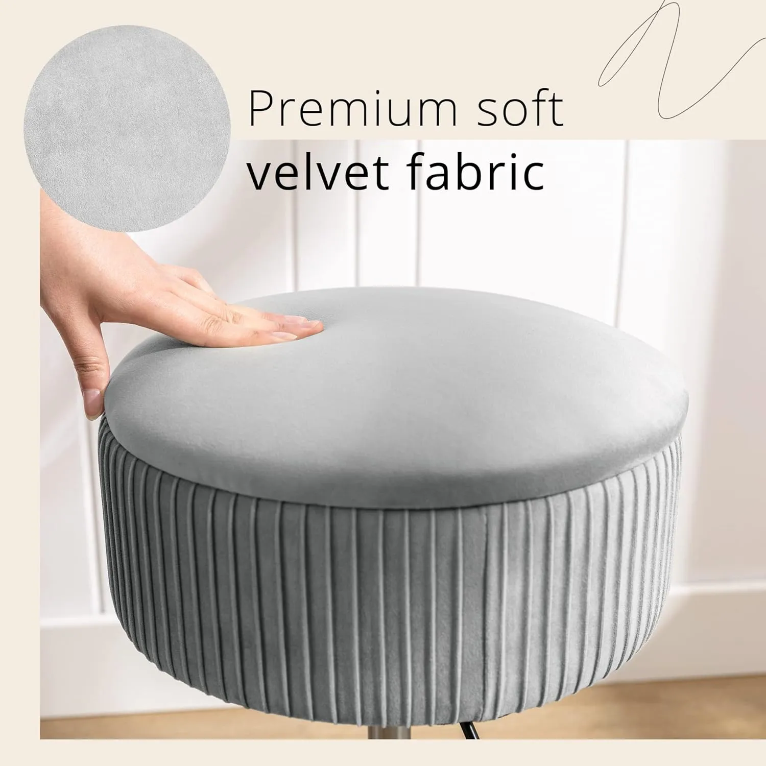 LUE BONA 360°Swivel Vanity Stool Chair for Makeup Room, Height Adjustable Stool for Vanity with Storage, Small Grey Velvet for Bathroom, Living Room