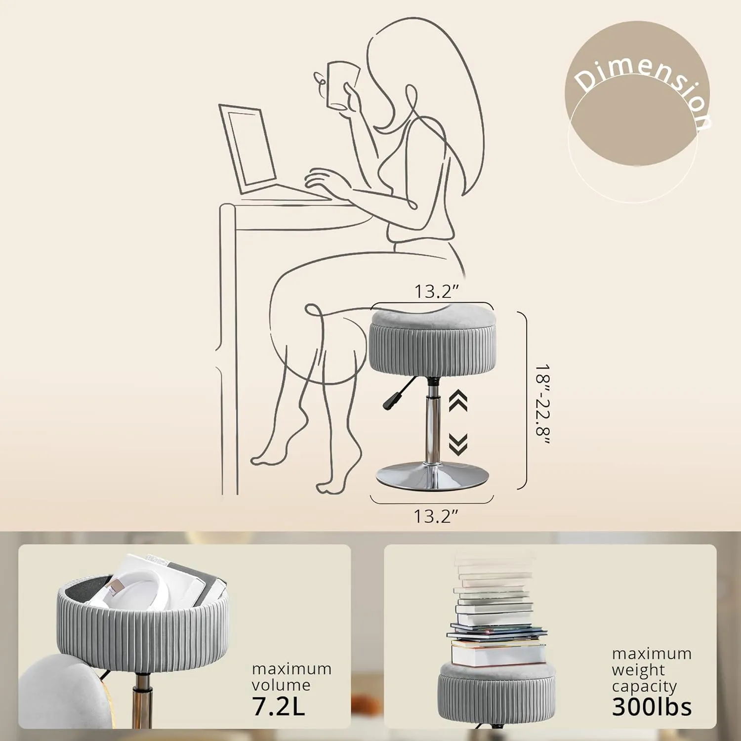 LUE BONA 360°Swivel Vanity Stool Chair for Makeup Room, Height Adjustable Stool for Vanity with Storage, Small Grey Velvet for Bathroom, Living Room