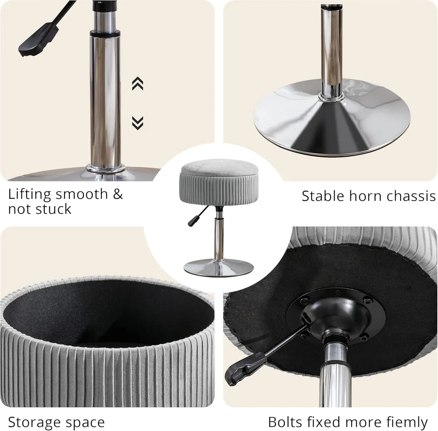 LUE BONA 360°Swivel Vanity Stool Chair for Makeup Room, Height Adjustable Stool for Vanity with Storage, Small Grey Velvet for Bathroom, Living Room