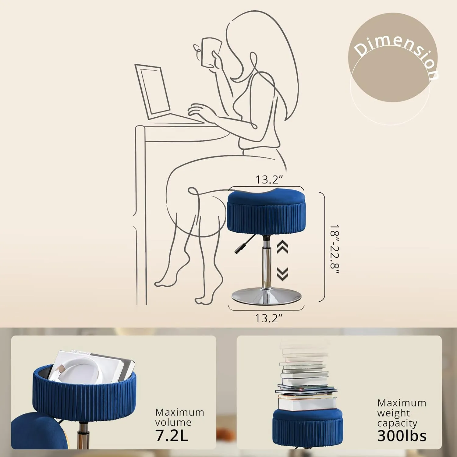 LUE BONA 360°Swivel Vanity Stool Chair for Makeup Room, Height Adjustable Stool for Vanity with Storage, Small Navy Blue Velvet for Bathroom, Living Room