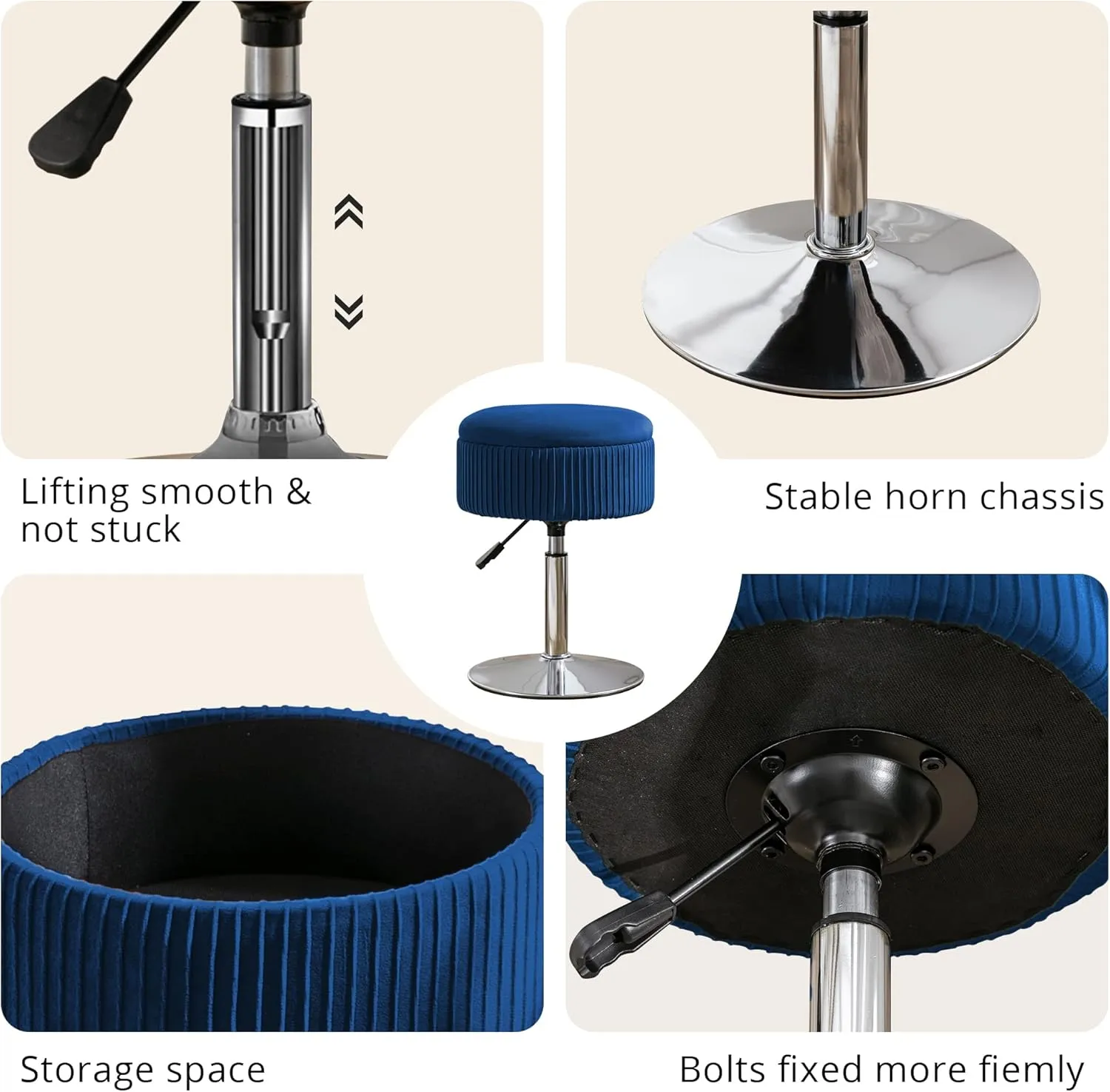 LUE BONA 360°Swivel Vanity Stool Chair for Makeup Room, Height Adjustable Stool for Vanity with Storage, Small Navy Blue Velvet for Bathroom, Living Room