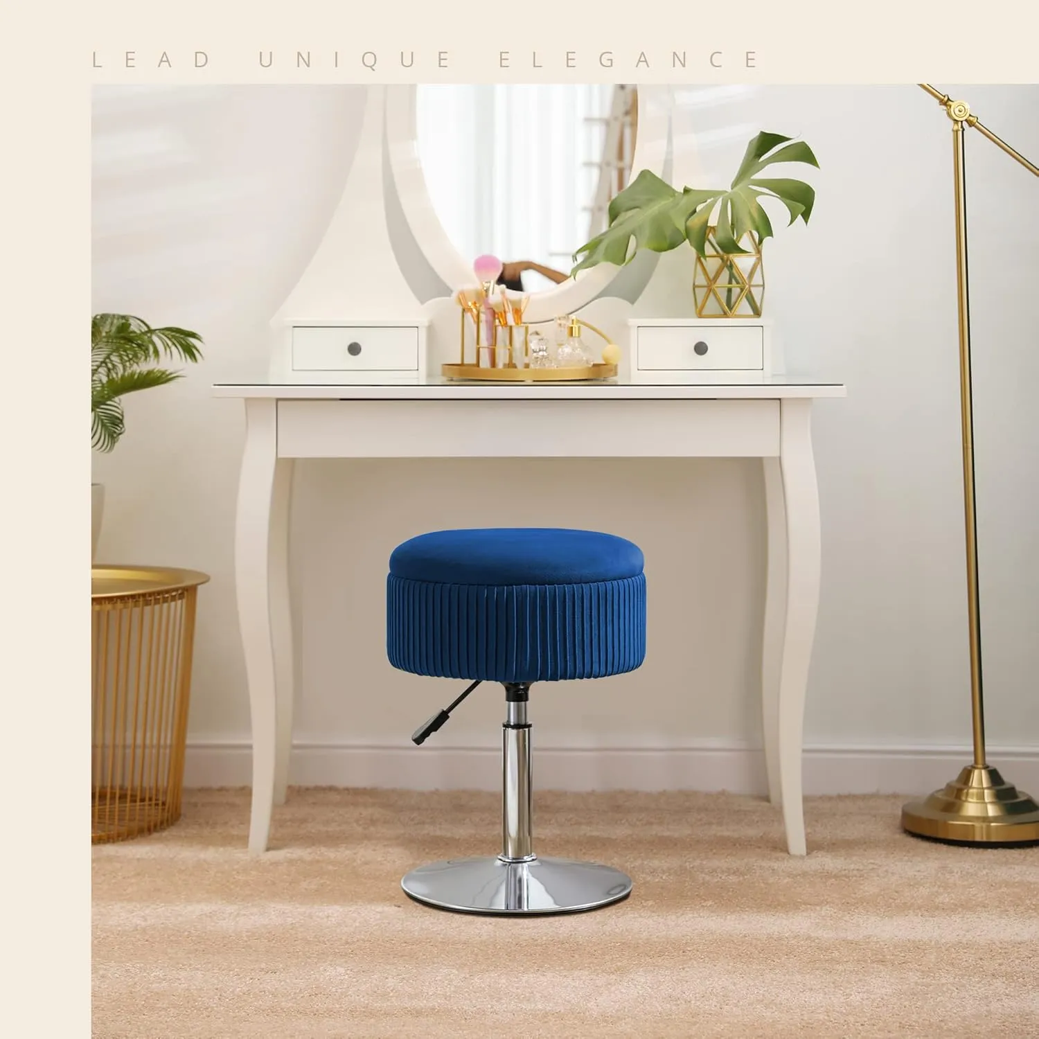 LUE BONA 360°Swivel Vanity Stool Chair for Makeup Room, Height Adjustable Stool for Vanity with Storage, Small Navy Blue Velvet for Bathroom, Living Room