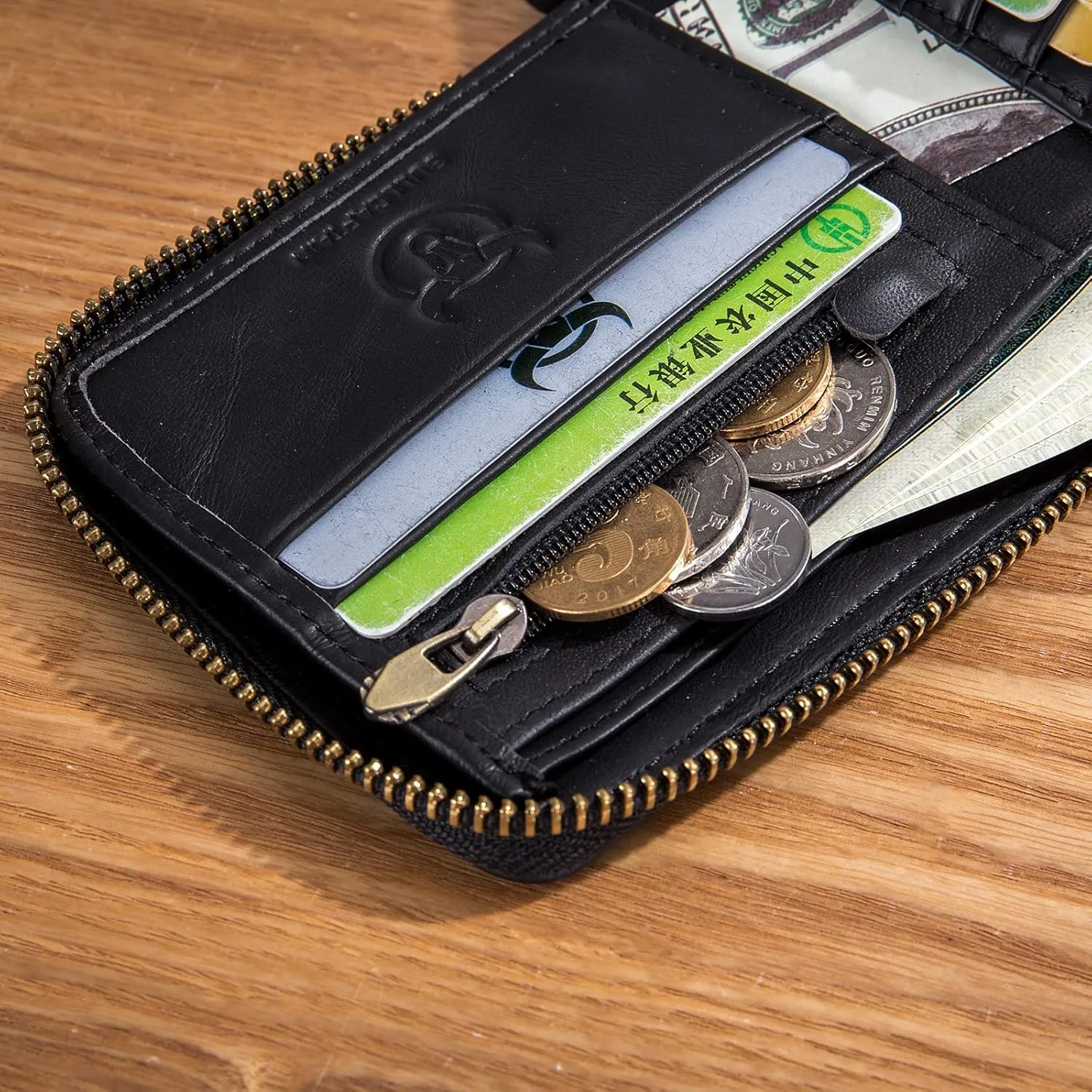 LUKZIJAES Genuine Leather Wallet for Men RFID Blocking Large Capacity Card Case with Zipper ID Window Coin Pocket (#2-Black)