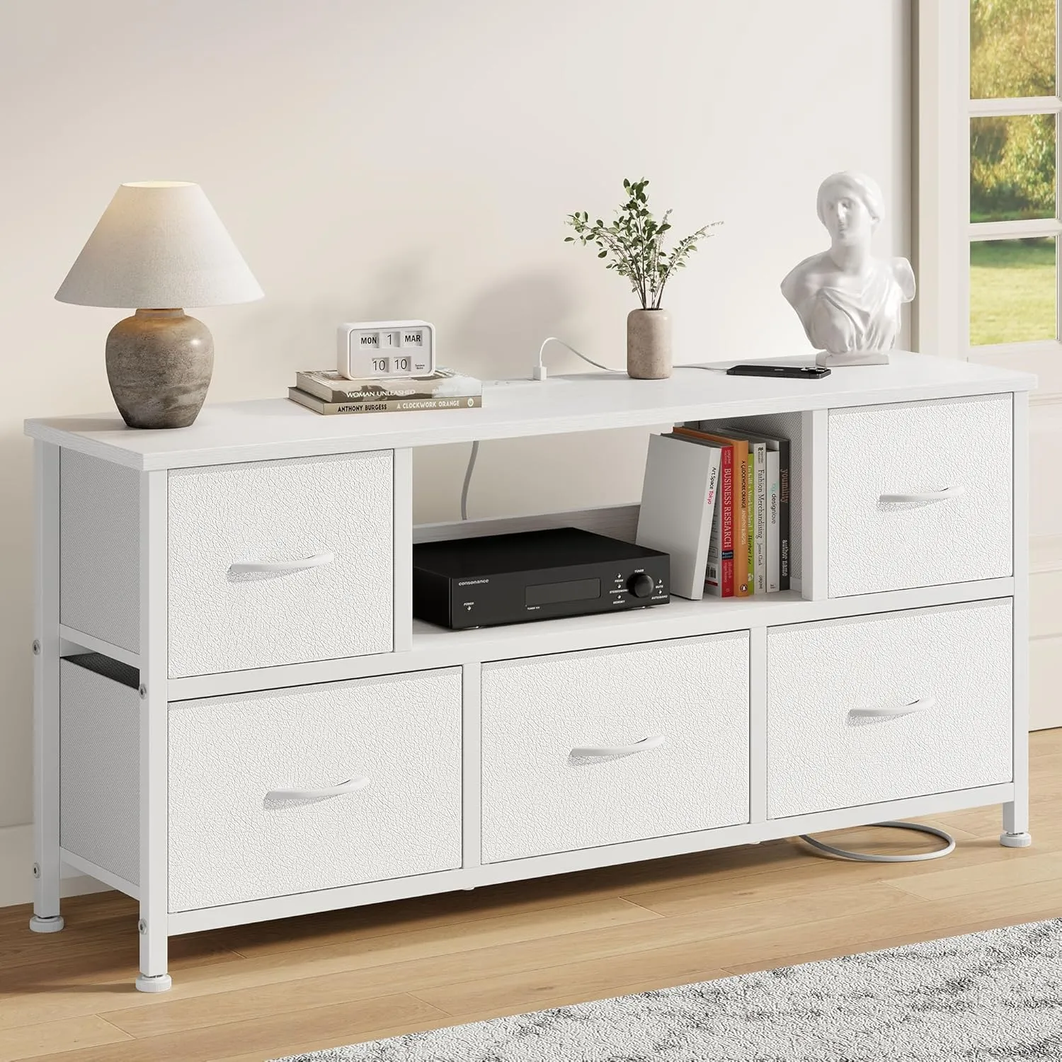 Lulive TV Stand for Bedroom, LED Rustic White for Living Room with 5 Fabric Drawers, 43 50in TV Stand with Power Outlet, Entertainment Center with Open Shelf