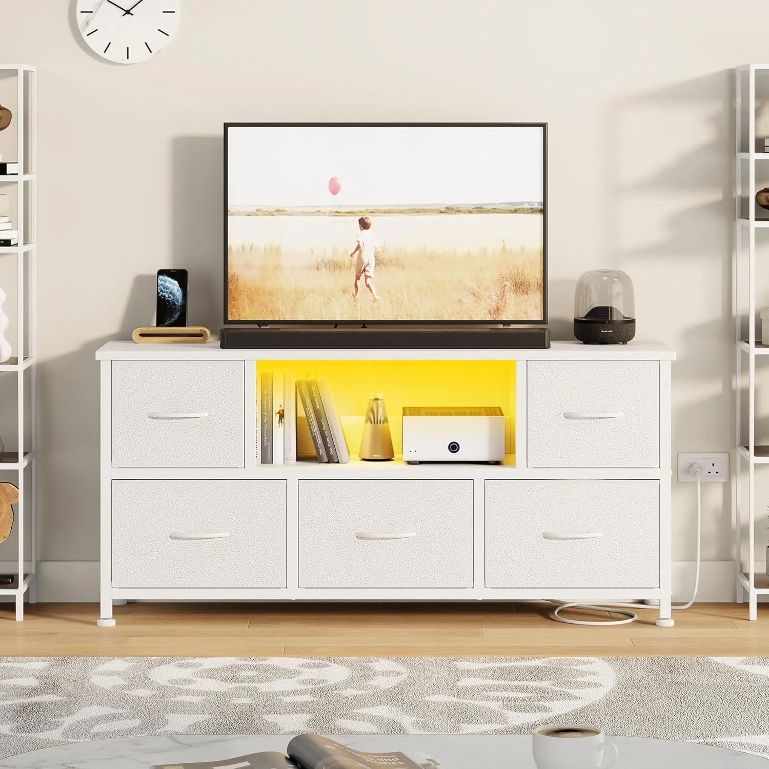 Lulive TV Stand for Bedroom, LED Rustic White for Living Room with 5 Fabric Drawers, 43 50in TV Stand with Power Outlet, Entertainment Center with Open Shelf