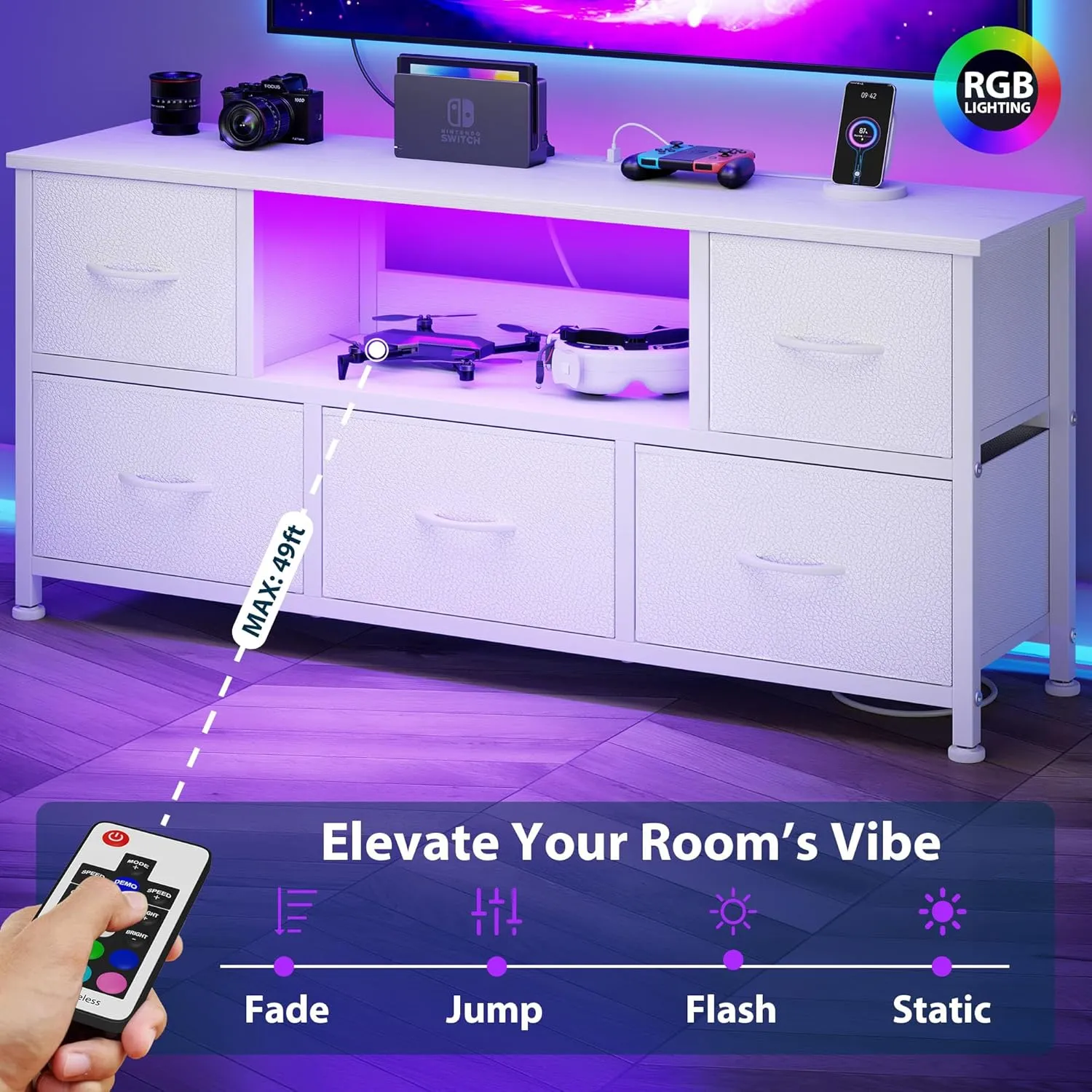 Lulive TV Stand for Bedroom, LED Rustic White for Living Room with 5 Fabric Drawers, 43 50in TV Stand with Power Outlet, Entertainment Center with Open Shelf