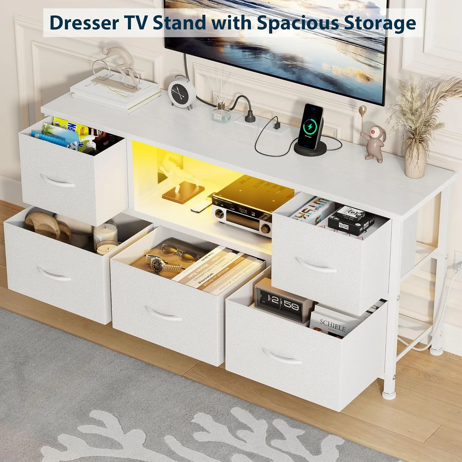 Lulive TV Stand for Bedroom, LED Rustic White for Living Room with 5 Fabric Drawers, 43 50in TV Stand with Power Outlet, Entertainment Center with Open Shelf