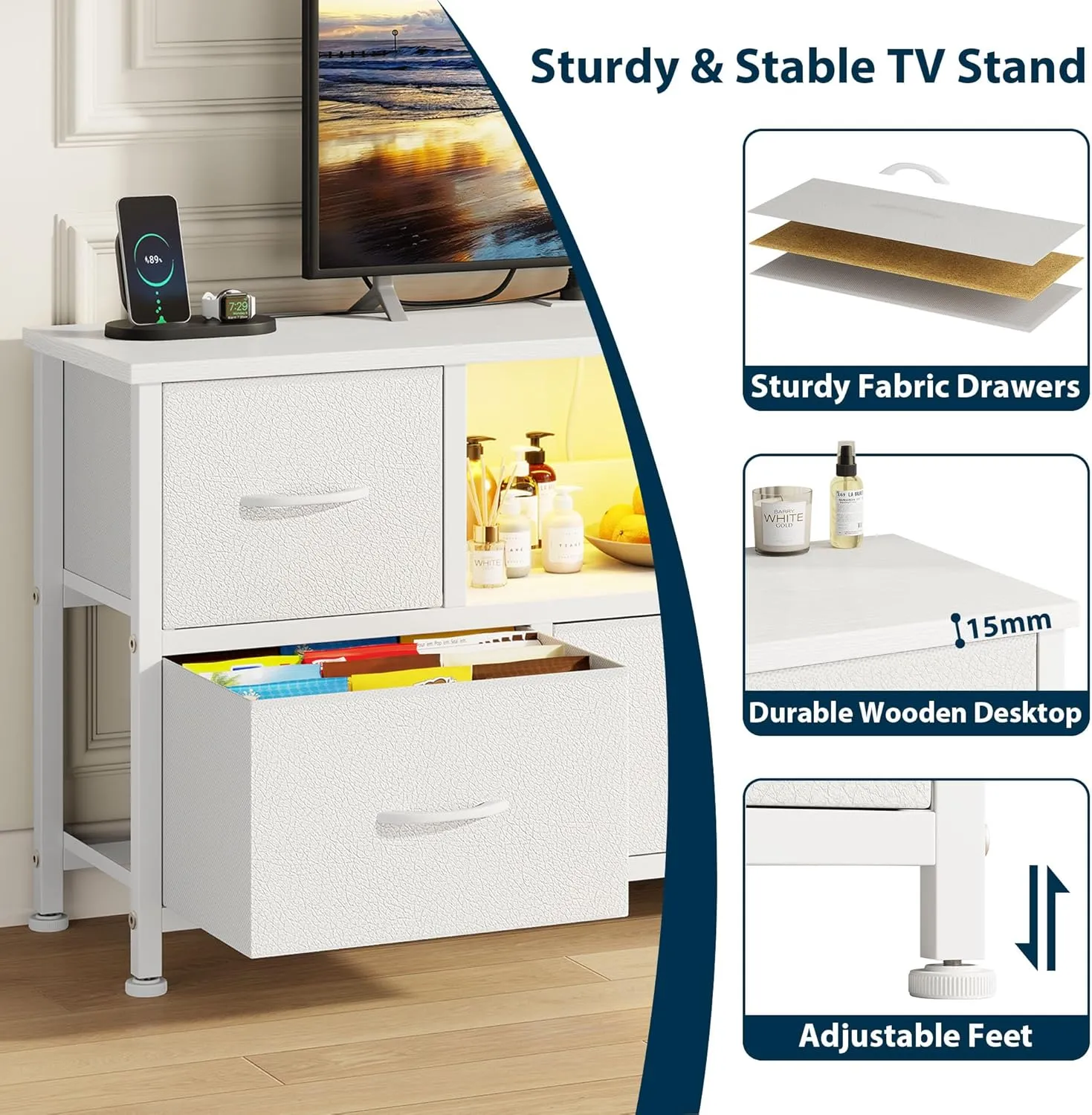 Lulive TV Stand for Bedroom, LED Rustic White for Living Room with 5 Fabric Drawers, 43 50in TV Stand with Power Outlet, Entertainment Center with Open Shelf