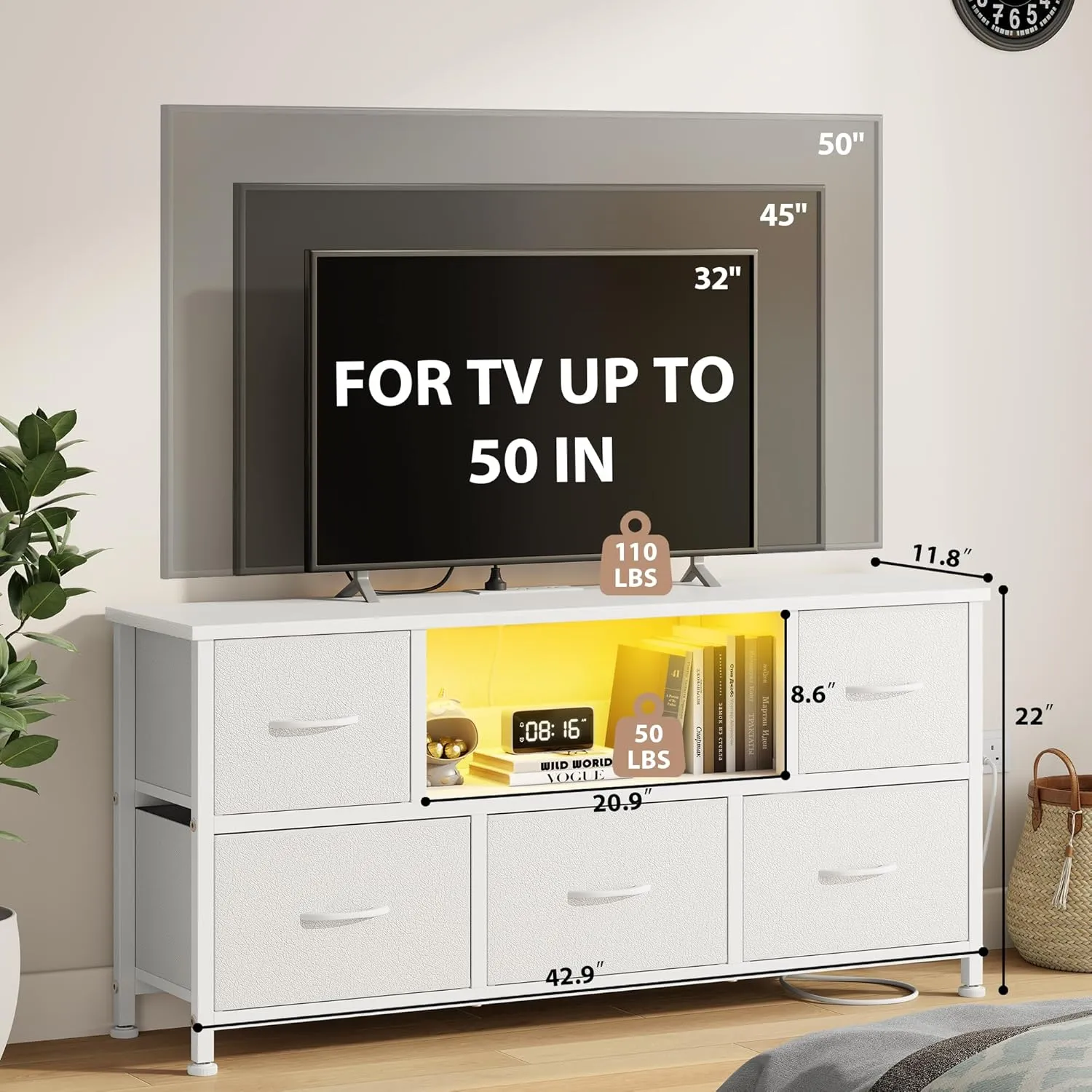 Lulive TV Stand for Bedroom, LED Rustic White for Living Room with 5 Fabric Drawers, 43 50in TV Stand with Power Outlet, Entertainment Center with Open Shelf