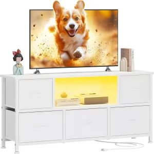 Lulive TV Stand for Bedroom, LED Rustic White for Living Room with 5 Fabric Drawers, 43 50in TV Stand with Power Outlet, Entertainment Center with Open Shelf