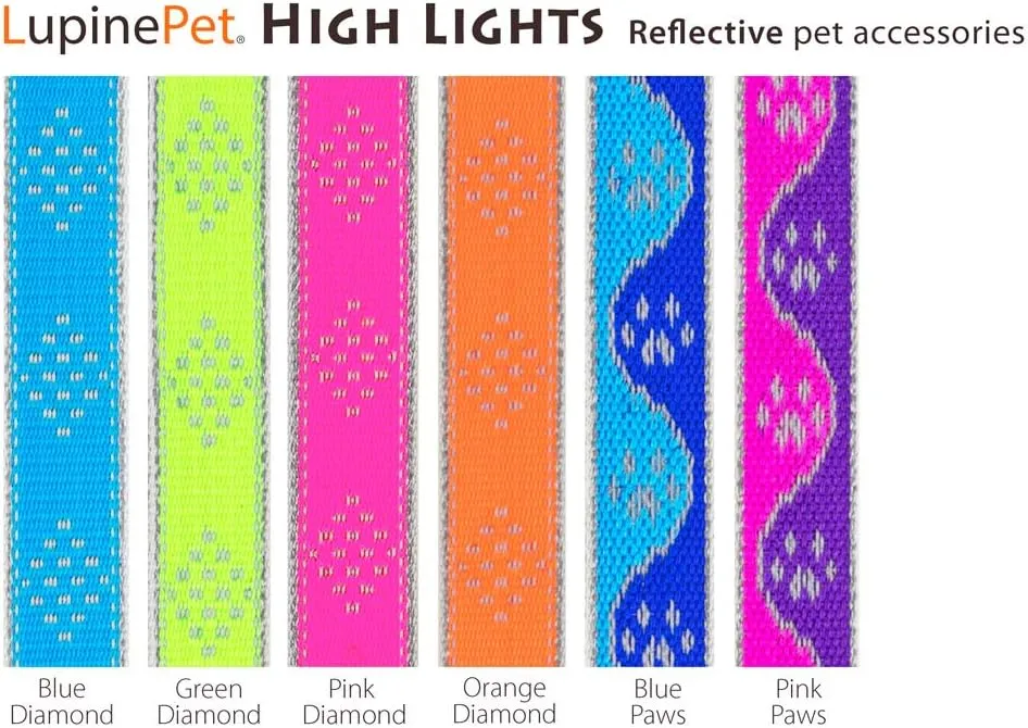 Lupine Reflective Dog Collar 1" Wide Blue Paws Adjusts from 12" to 20"
