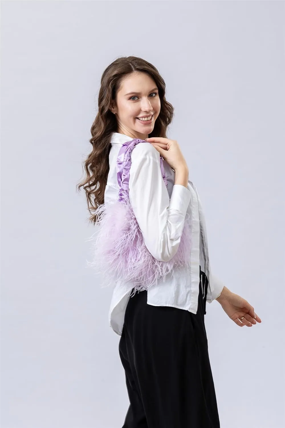 LVCOMEFF Women Ostrich Feather Purse Handbag Holiday Y2K Hobos Shoulder Bag with Pleated Strap for Party Prom