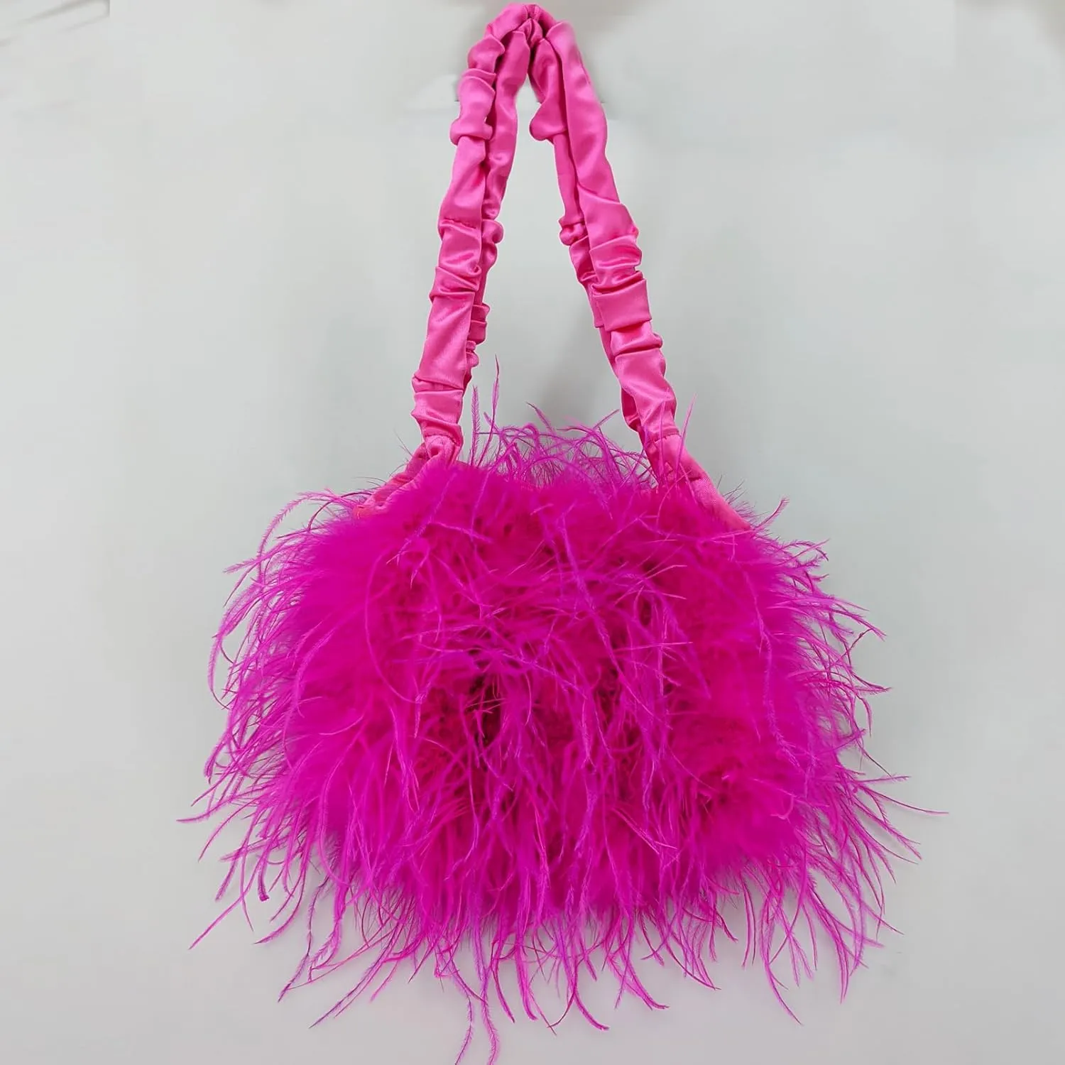 LVCOMEFF Women Ostrich Feather Purse Handbag Holiday Y2K Hobos Shoulder Bag with Pleated Strap for Party Prom