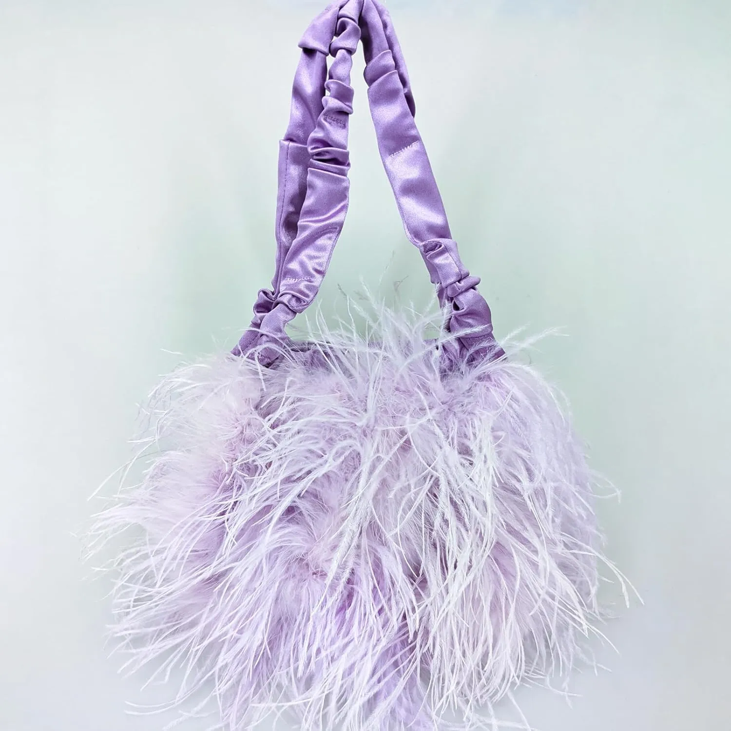 LVCOMEFF Women Ostrich Feather Purse Handbag Holiday Y2K Hobos Shoulder Bag with Pleated Strap for Party Prom