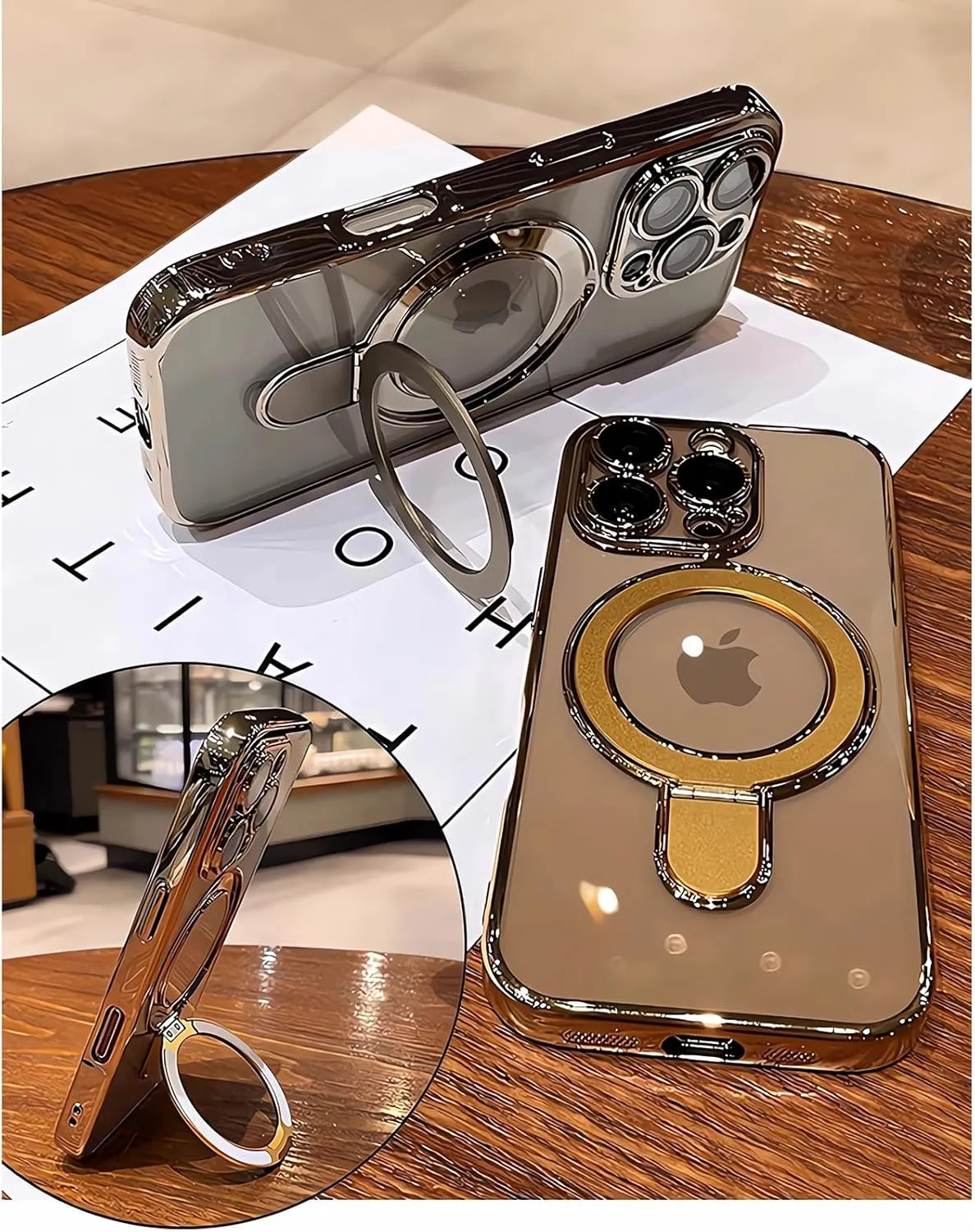 LXK Magnetic Invisible Stand for iPhone 16 Pro Case 6.3" Compatible with MagSafe, Military-Grade Protection, with Camera Protector, Clear Scratch-Resistant Back Cover for iPhone 16 Pro,Desert Titanium