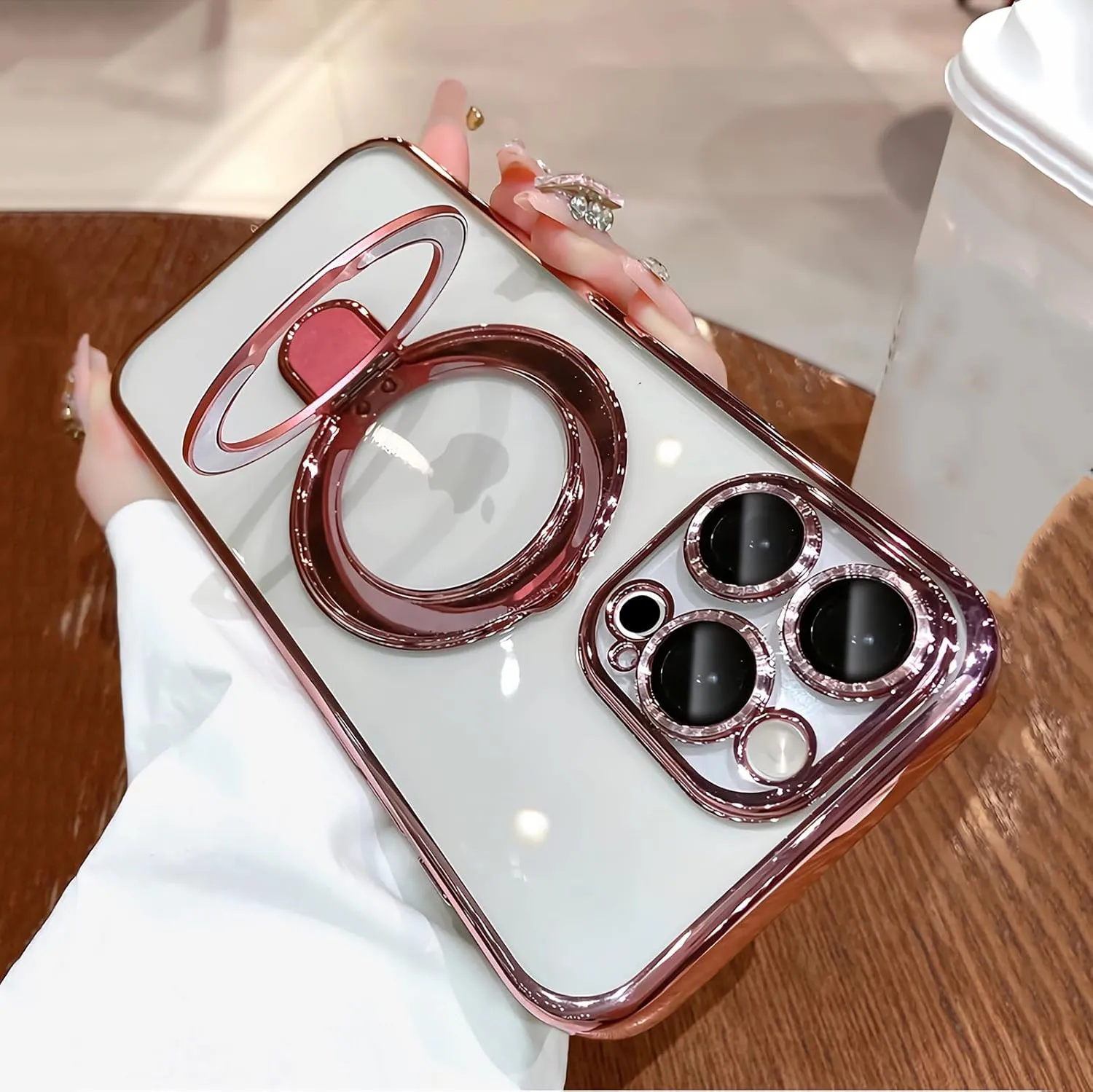 LXK Magnetic Invisible Stand for iPhone 16 Pro Max Case 6.9" Compatible with MagSafe, Military-Grade Protection, with Camera Protector, Clear Scratch-Resistant Back Cover for iPhone 16 ProMax Pink