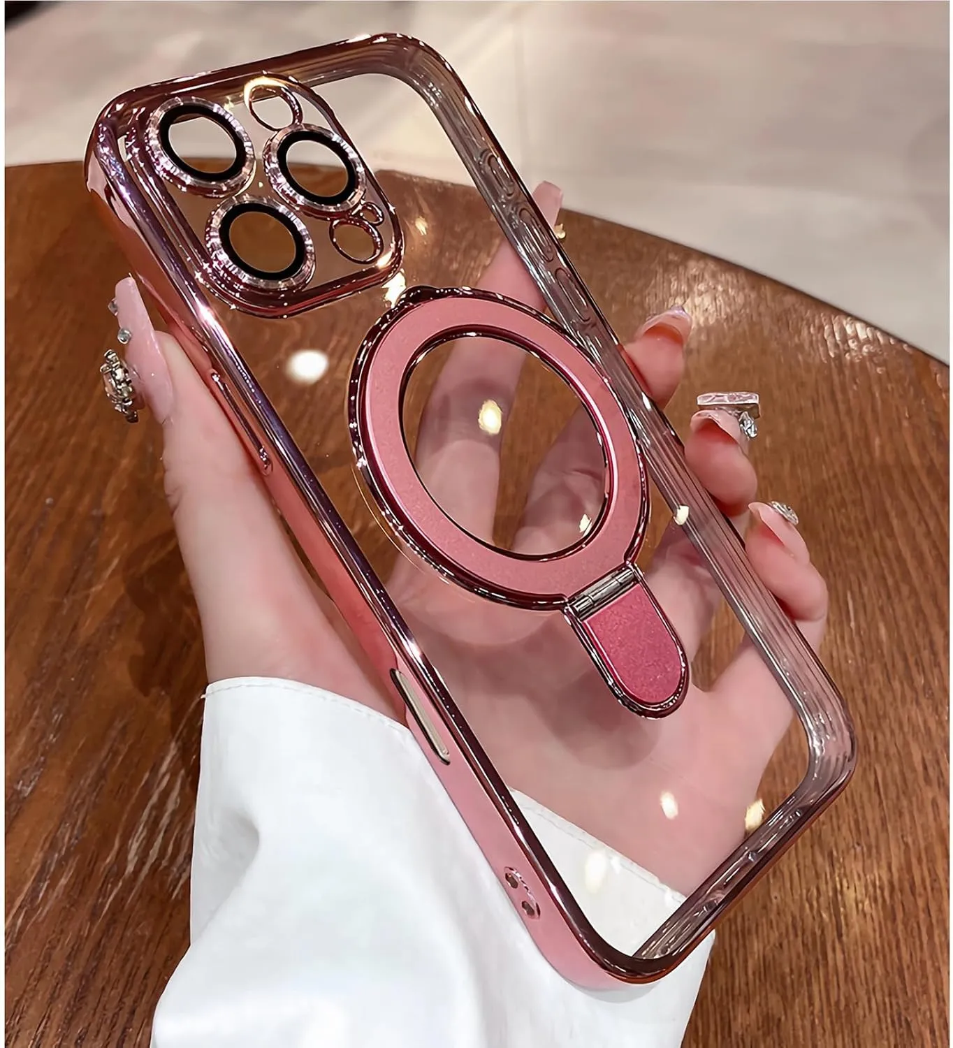 LXK Magnetic Invisible Stand for iPhone 16 Pro Max Case 6.9" Compatible with MagSafe, Military-Grade Protection, with Camera Protector, Clear Scratch-Resistant Back Cover for iPhone 16 ProMax Pink