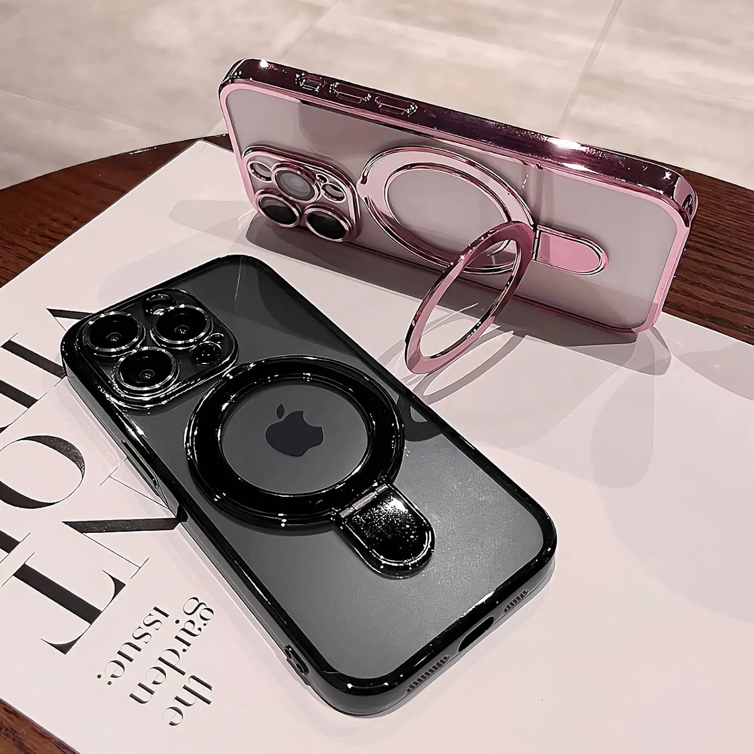 LXK Magnetic Invisible Stand for iPhone 16 Pro Max Case 6.9" Compatible with MagSafe, Military-Grade Protection, with Camera Protector, Clear Scratch-Resistant Back Cover for iPhone 16 ProMax Pink