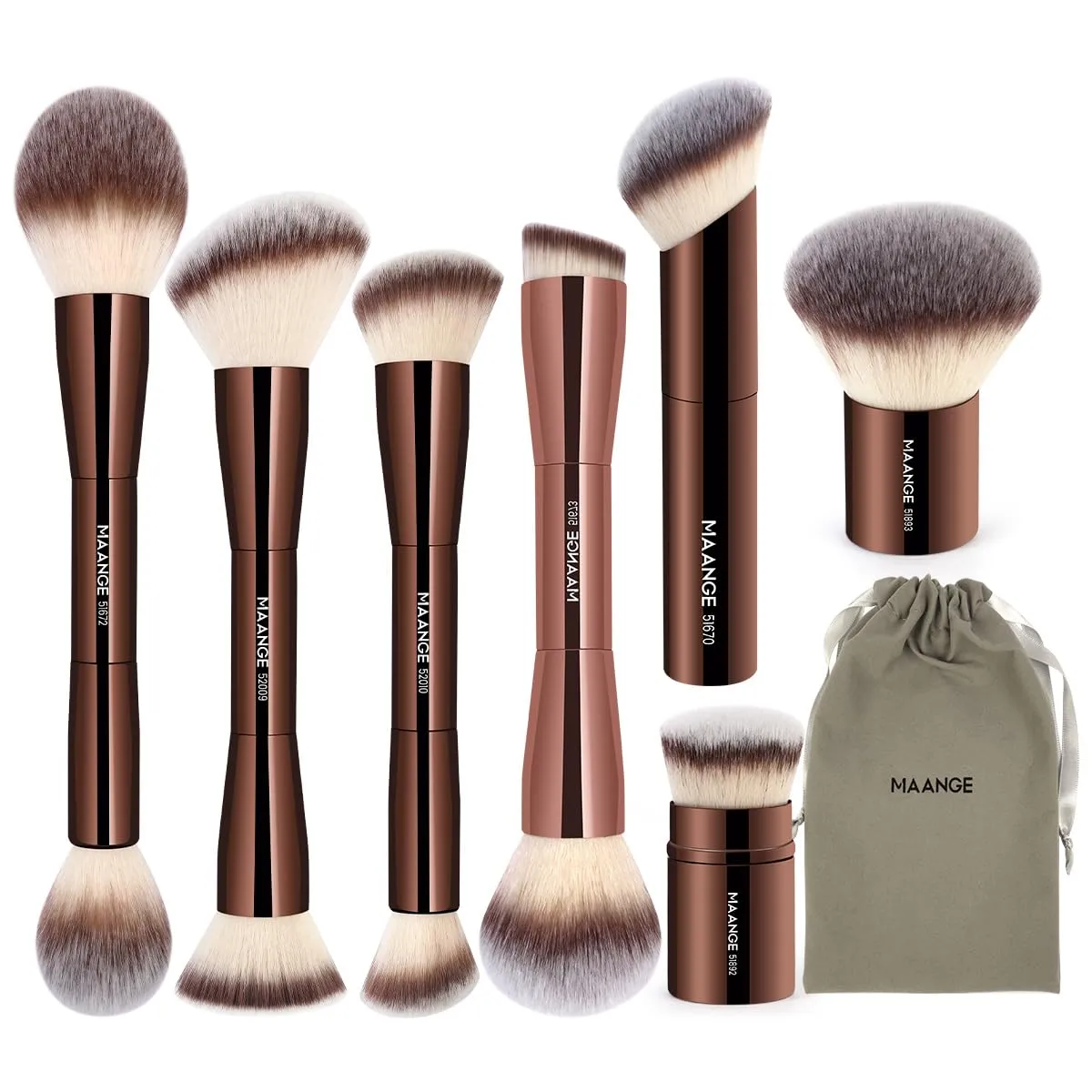 MAANGE 7pcs Makeup Brush Set Double Sided Kabuki Makeup Brushes Contour Brush for Foundation Liquid Powder Concealer Cream Cosmetics Bronzer Blending Blush Buffing Makeup Tools (Coffee)