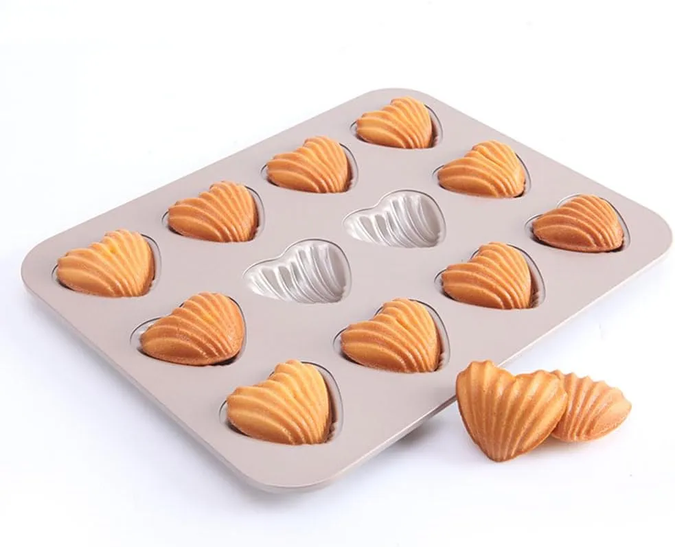 Madeleine Mold Cake Pan, 12 Cavity Heart Shape Cake Pan Mini Tea Cake Pans Non-Stick Heart-shaped Shello Madeline Bakewarefor Baking