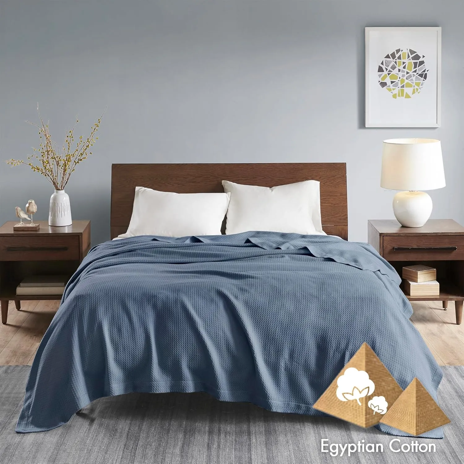 Madison Park Soft Certified 100% Egyptian Cotton Breathable Cozy Blanket, Premium Waffle Knit Classic Design, Luxury All Season Lightweight Cover for Bed, Couch and Sofa, Blue Full/Queen(90"x90")