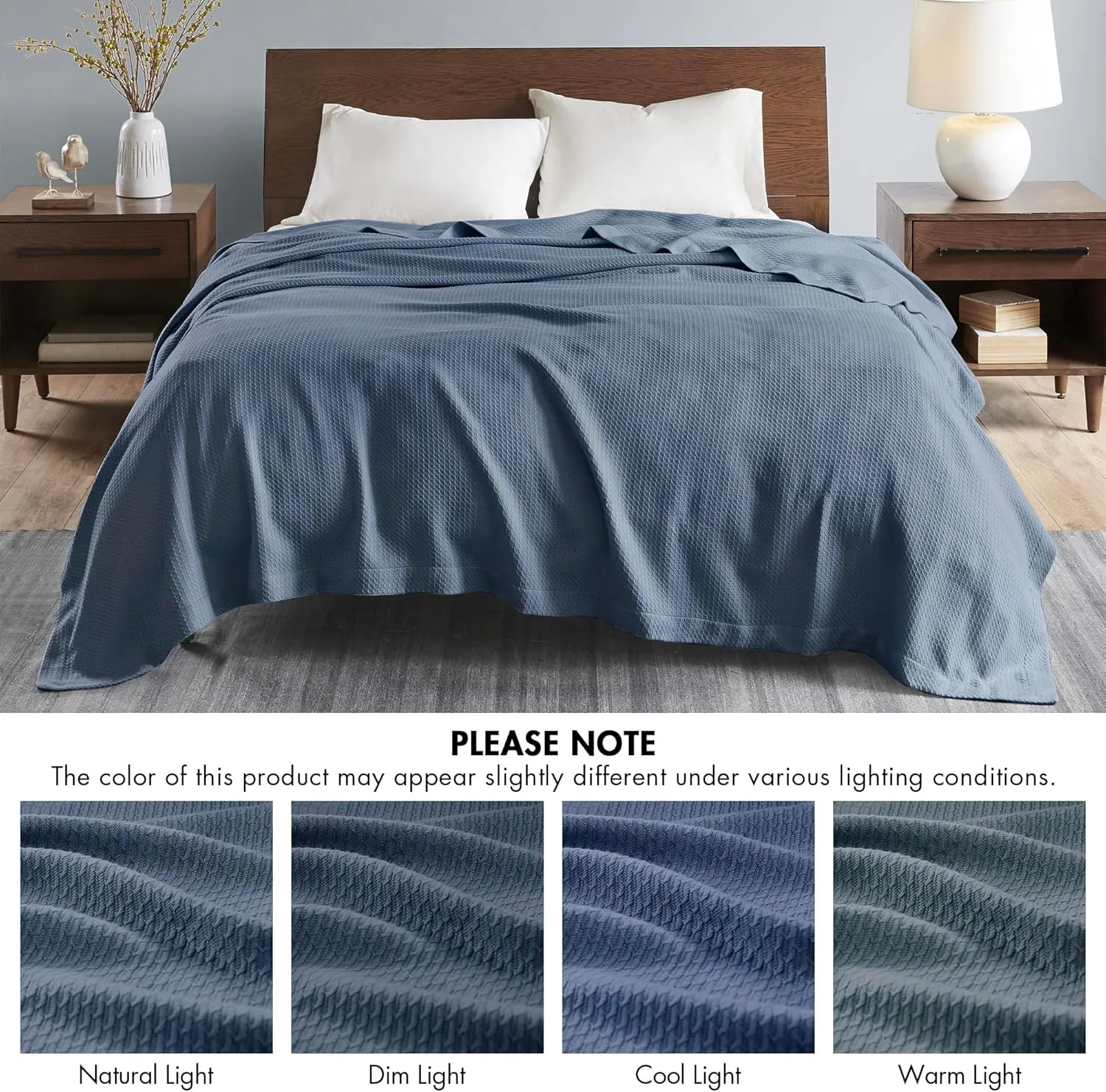 Madison Park Soft Certified 100% Egyptian Cotton Breathable Cozy Blanket, Premium Waffle Knit Classic Design, Luxury All Season Lightweight Cover for Bed, Couch and Sofa, Blue Full/Queen(90"x90")