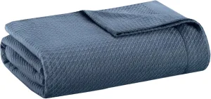 Madison Park Soft Certified 100% Egyptian Cotton Breathable Cozy Blanket, Premium Waffle Knit Classic Design, Luxury All Season Lightweight Cover for Bed, Couch and Sofa, Blue Full/Queen(90"x90")