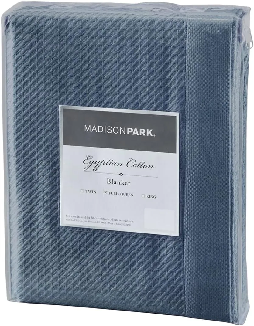 Madison Park Soft Certified 100% Egyptian Cotton Breathable Cozy Blanket, Premium Waffle Knit Classic Design, Luxury All Season Lightweight Cover for Bed, Couch and Sofa, Blue Full/Queen(90"x90")