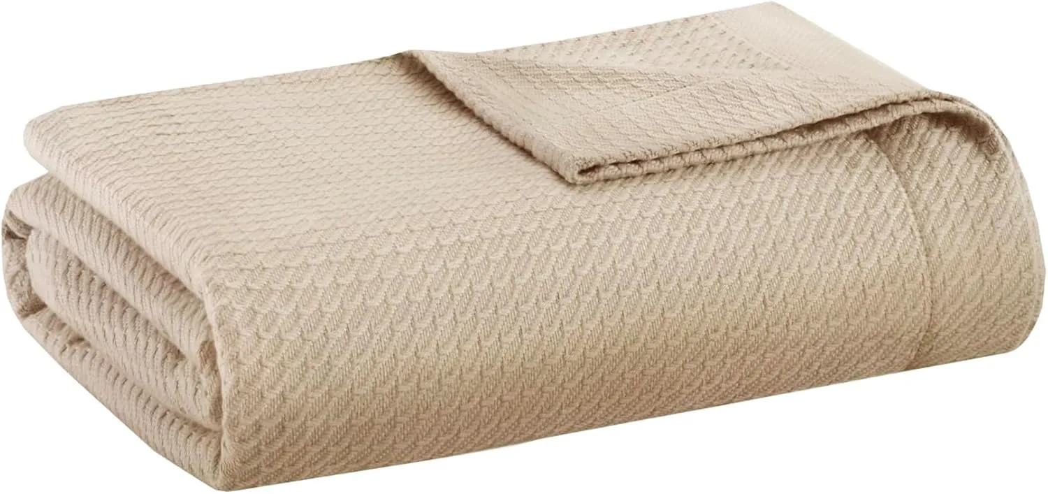 Madison Park Soft Certified 100% Egyptian Cotton Breathable Cozy Blanket, Premium Waffle Knit Classic Design, Luxury All Season Lightweight Cover for Bed, Couch and Sofa, Khaki Twin(66"x90")
