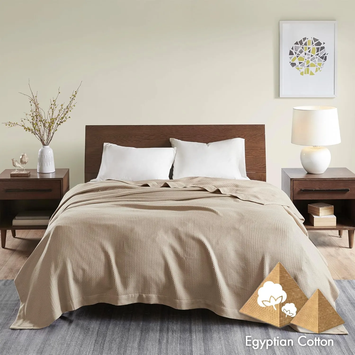 Madison Park Soft Certified 100% Egyptian Cotton Breathable Cozy Blanket, Premium Waffle Knit Classic Design, Luxury All Season Lightweight Cover for Bed, Couch and Sofa, Khaki Twin(66"x90")